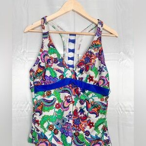 ANTONIO MELANI White Floral Multicolor Print Swim Tank with Blue Band